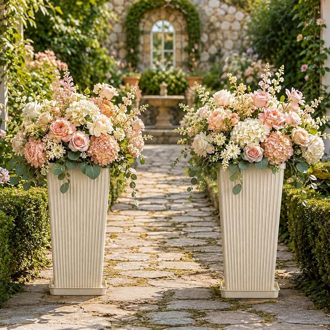 24" Tall Planters for Outdoor Plants Set of 2 Square Fluted, Tall Indoor Flower - Image 5