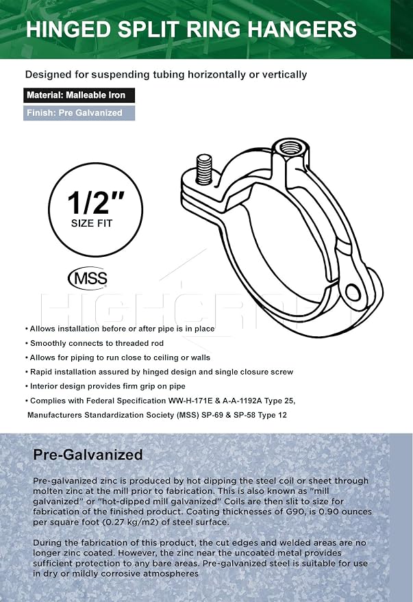 HIGHCRAFT HINGG-12-10 Industrial Decor Hinged Split Ring Pipe Hanger 1/2 in. - Image 6