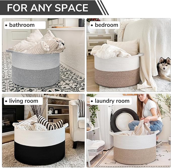 INDRESSME XXXLarge Woven Rope Blanket Basket Living Room White Black, 90L | - Image 5