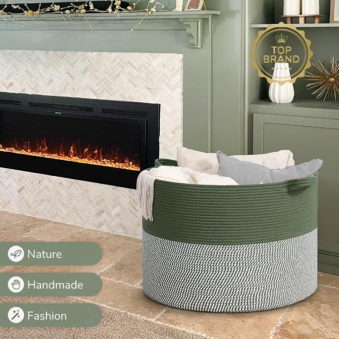 INDRESSME 115L Extra Large Woven Rope Blanket Basket Living Room Green | 23.6" - Image 7