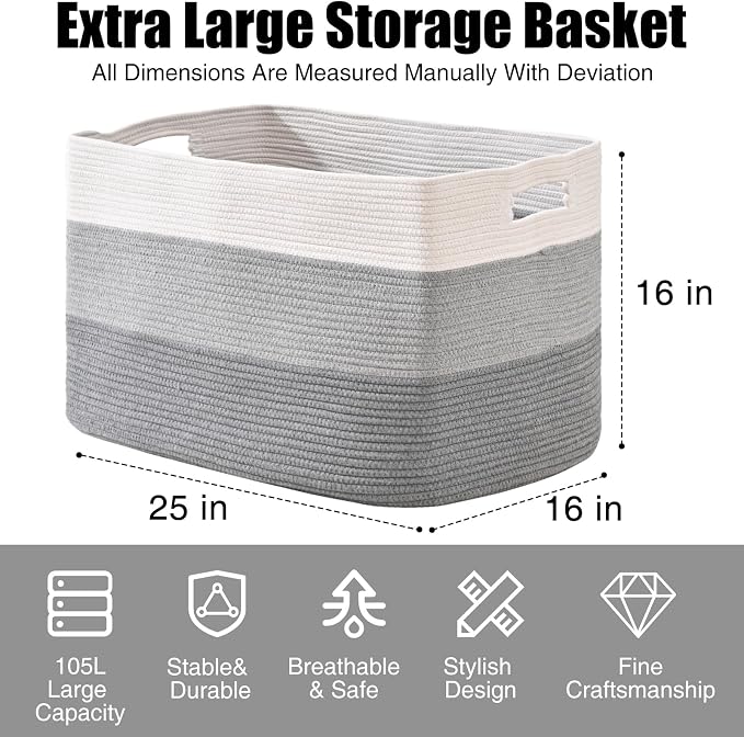 ICERZCZ Extra Large Blanket Basket Living Room, Rectangle Storage Basket - Image 3