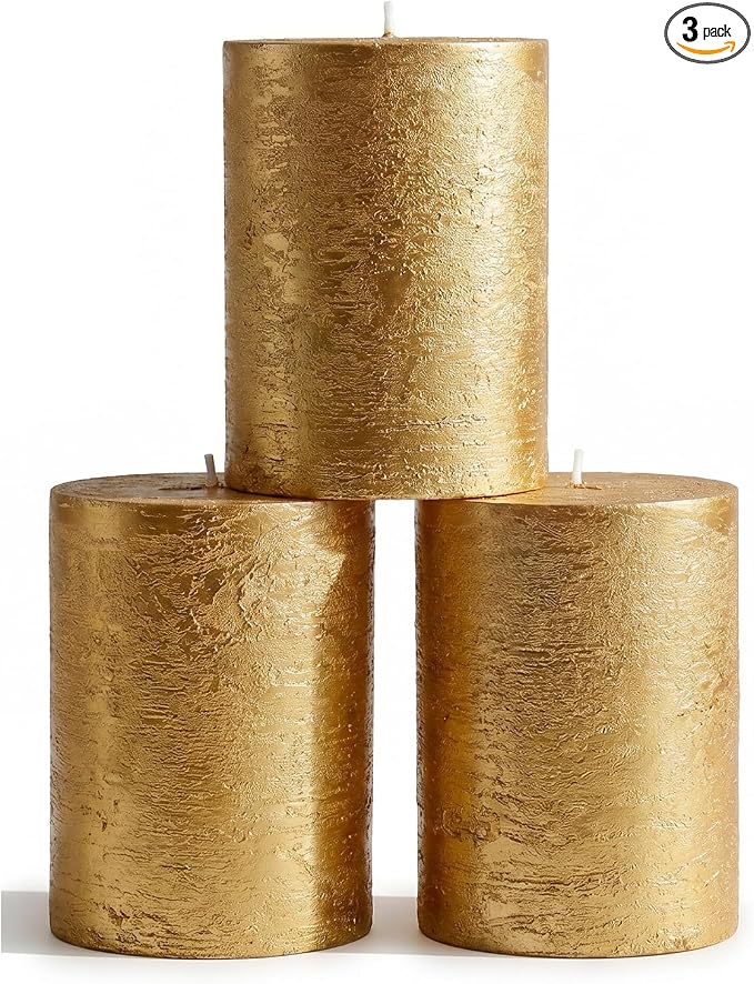 3x4 Inch Gold Pillar Candles Set of 3 by CANDWAX