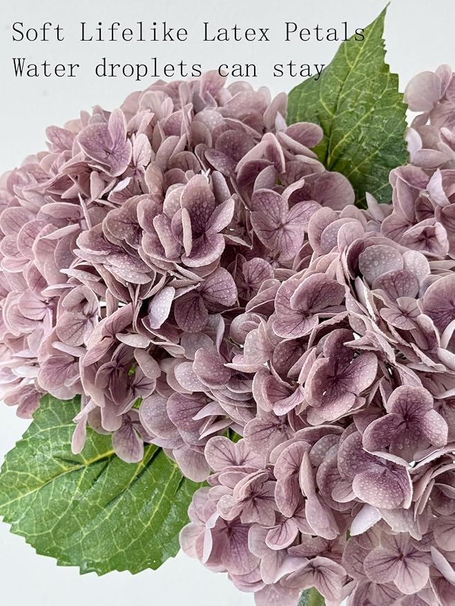 YalzoneMet 3 Pcs Vintage Mauve Hydrangea Artificial Flowers Gray Purple 21'' - Image 8