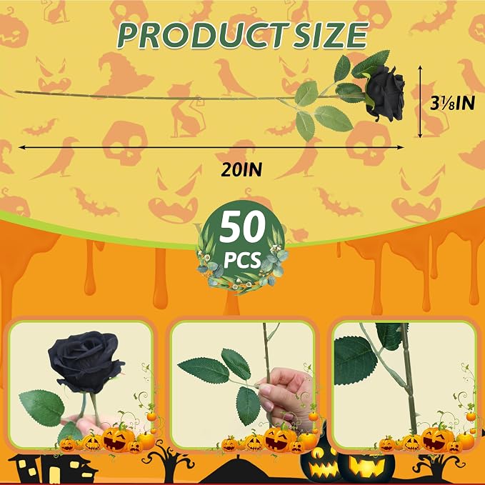 50 PCS Fake Black Roses, Artificial Flowers Bulk, Realistic Silk Faux Roses | - Image 2
