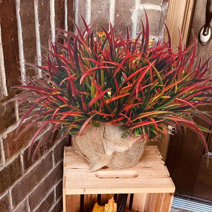 12 Bundles Fake Fall Outdoor Plants Artificial Grass, Autumn Red | Fall Stems - Image 2