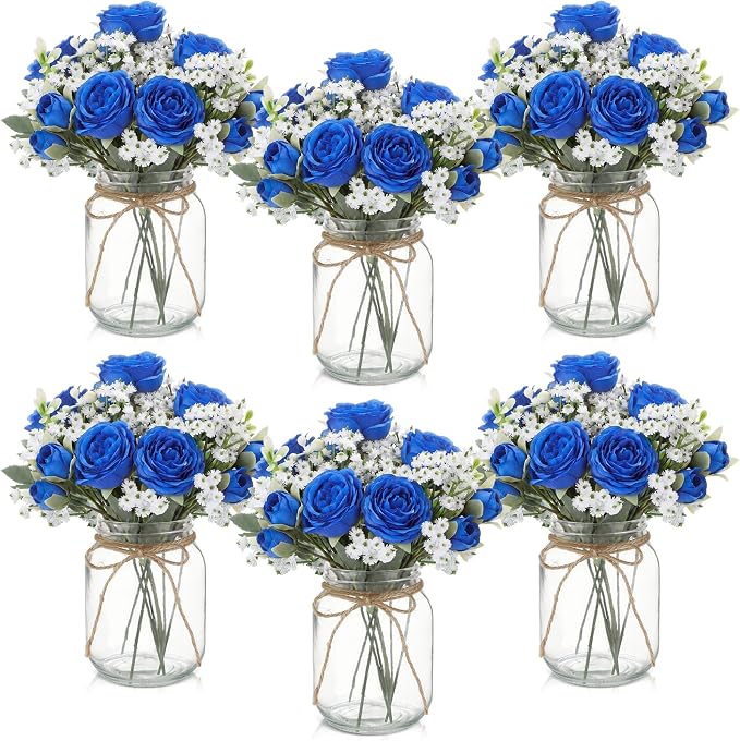 6 Sets Mason Jar Flowers Centerpiece Table Decorations, Royal Blue | Faux by Zeyune