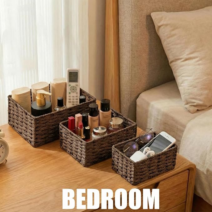 Small Wicker Basket for Organizing, Woven Storage Basket Set of 3 - Image 3