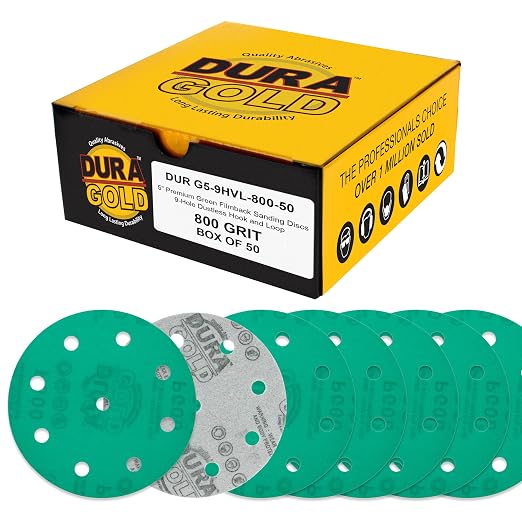 Dura-Gold Premium 800 Grit 5" Green Film Sanding Discs, 9-Hole Pattern by Dura-Gold