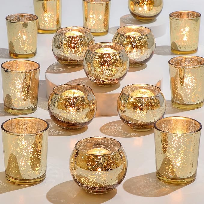24 Pcs Assorted Gold Votive Candle Holders, Mercury Glass Tea Lights Holder | by DEVI