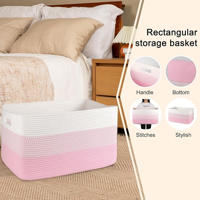 OIAHOMY Blanket Basket Laundry Basket Dog Toy Basket 75L Pink/White | Large - Image 5