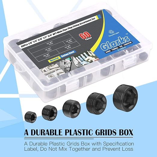 Glarks 60Pcs Carbon Steel 1/8'' 1/4'' 3/8'' 1/2'' 3/4'' NPT Pipe Plug Fitting - Image 4