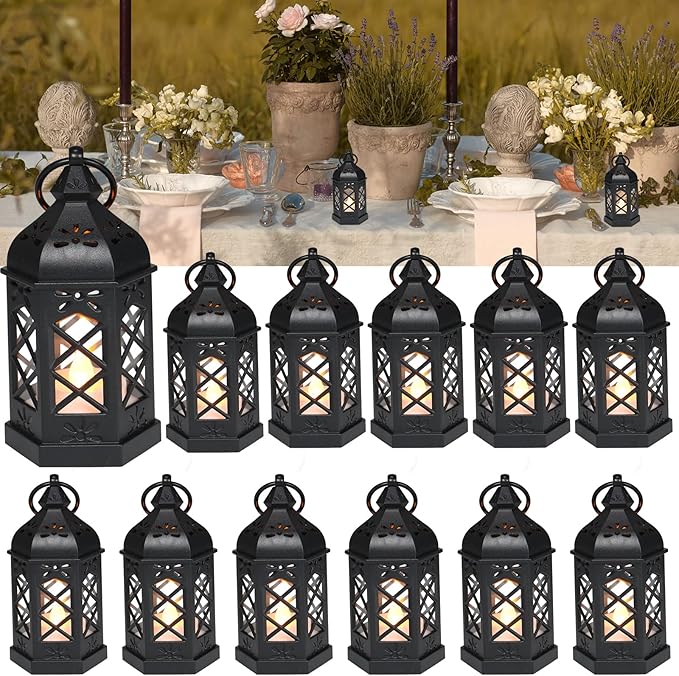 LLQ 12Pcs Mini Lantern with LED Candle, Small Black Lanterns Decorative by LLQ-LuckLifeQuality