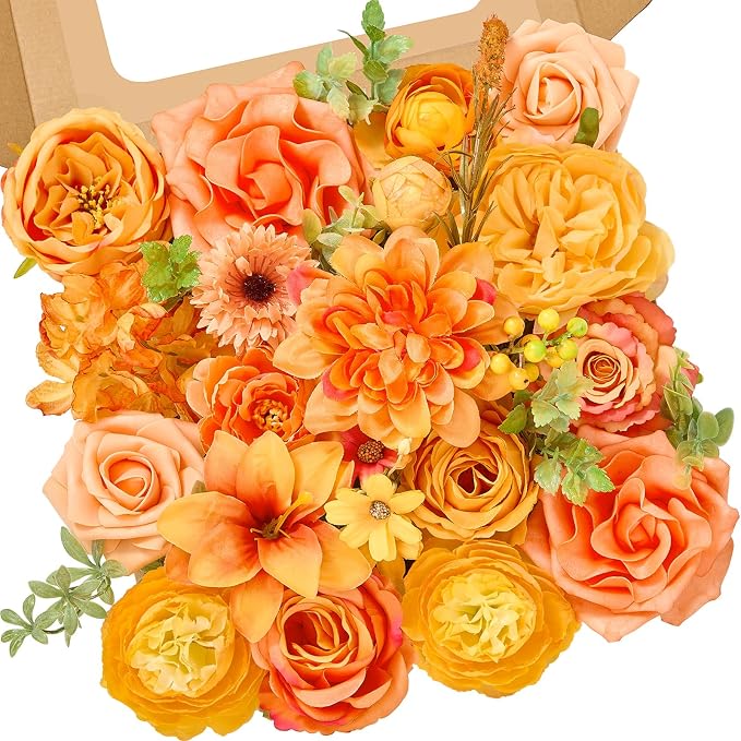 Alecono Bright Orange Artificial Flowers, Silk Fake Roses Combo Box Set | Fall by AleconoBetterYourLife