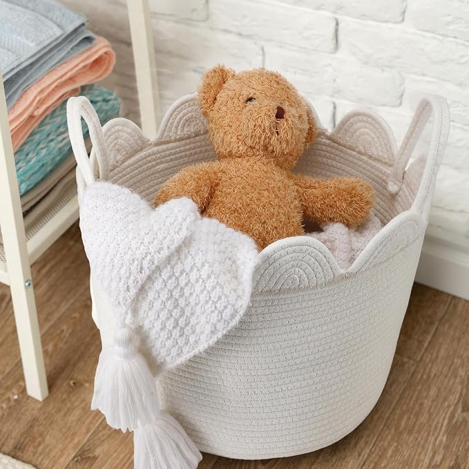 LemonRoad Round Woven Basket White, Cotton Rope Scalloped Edge Tassels - Image 5