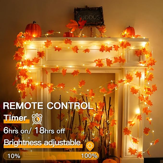 33FT 100 LED Maple Leaf String Lights Battery Operated Copper Wire | Vine - Image 2