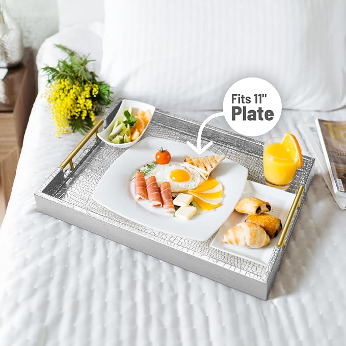 ATZYmolin 17"x12" Leather Serving Tray, Polished Metal Handles, Coffee Table - Image 4