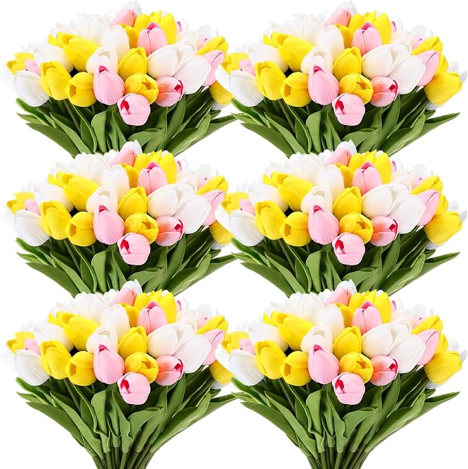 Janinka 60pcs Artificial Tulip Flowers Fake PU Tulips Faux Latex Bouquet Flower by Janinka
