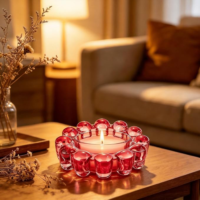 Chic Red Bubble Glass Candle Dish – Modern Clear Glass Candle Holder - Image 3