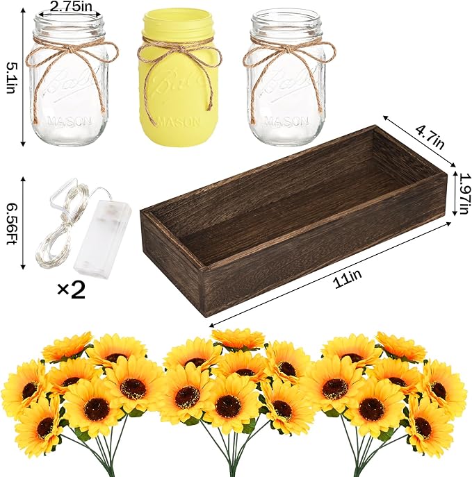 BLEUM CADE 3Pcs Mason Jar with Artificial Flowers Wood Tray and Light | - Image 5