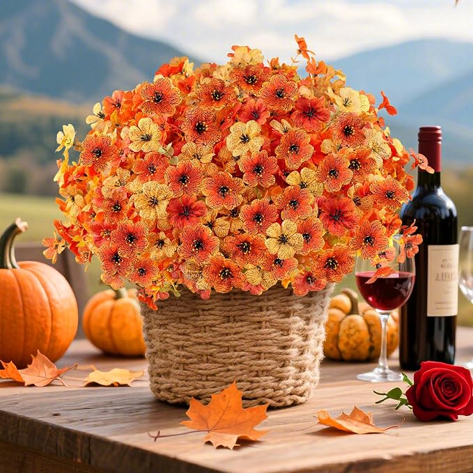 16PCS Artifcial Fall Flowers for Outdoor Decorations, Mix Orange | Realistic - Image 8