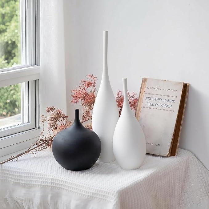 Relexome White Ceramic Vase Modern Wabi-Sabi Black Flower Vase Set of 3 - Image 6