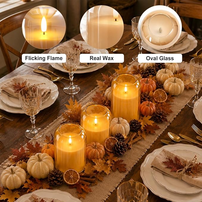Fall Decorations for Home, Amber Glass Flameless Candles, LED Pillar Candle | - Image 5