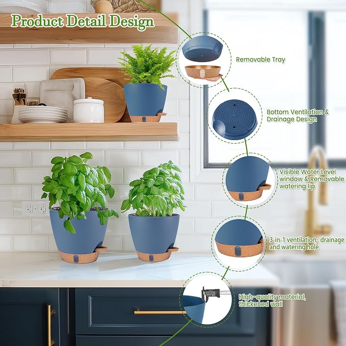 Self Watering Pots for Inoor Ourdoor Plants 8/7/6.5/6/5" Plastic Planters | - Image 5