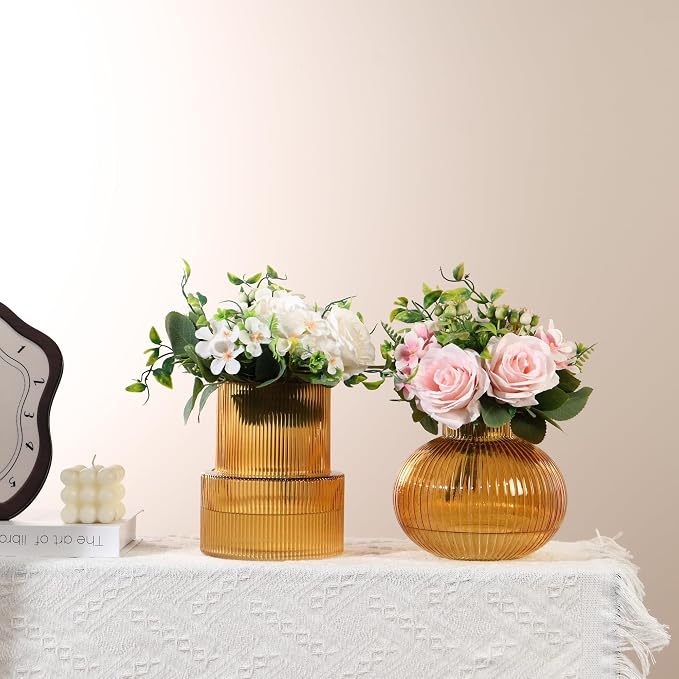 Ribbed Glass Vases, Amber Glass Vase - Image 6
