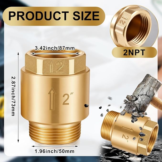 Zonon 2 Pcs 2 Inch Check Valve One Way Brass Non Return in Line Check Valve - Image 2
