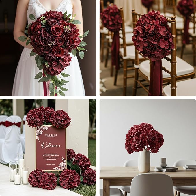 Auihiay 204Pcs Burgundy Hydrangea Artificial Flowers Bulk, Silk Hydrangeas | - Image 5