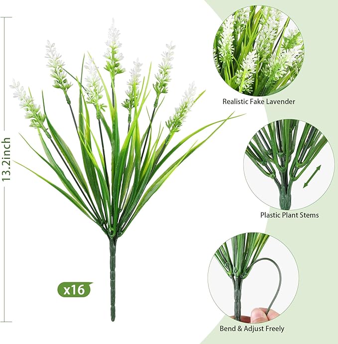 16PCS Artificial Flowers Outdoor, Fake White Monkey Grass Plants | UV Resistant - Image 3