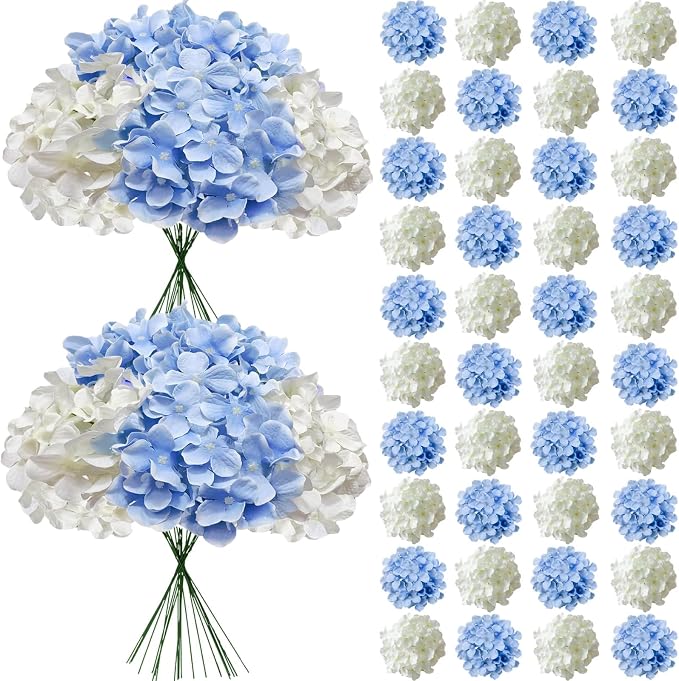 65Pcs Whiteblue Hydrangea Artificial Flowers Bulk，Realistic Silk Fake Flowers by Cherica