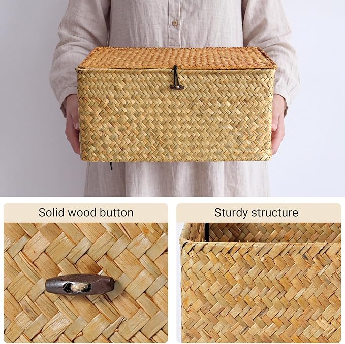 Nonam Large Wicker Basket with Lid, Seagrass Shelf Storage Basket, Natural | - Image 2