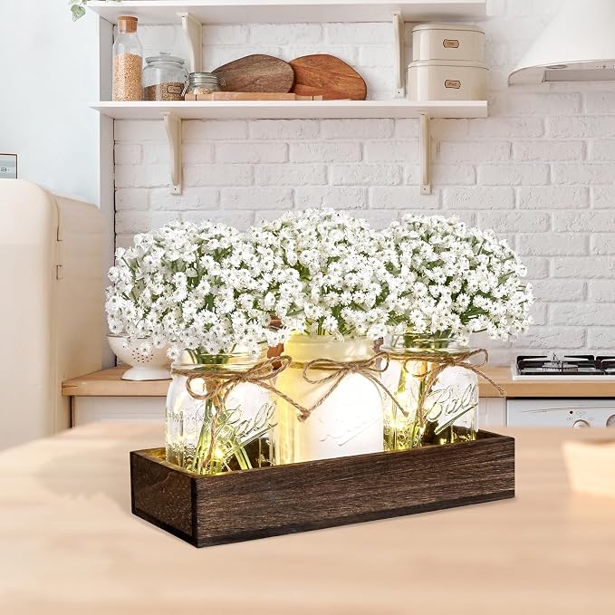 BLEUM CADE 3Pcs Mason Jar with Artificial Flowers Wood Tray and Light | Babys - Image 4