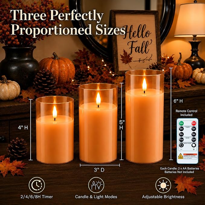 Homemory Orange Glass Flameless Candles, Fall Decor, Remote Timer, 3 Pack | - Image 9