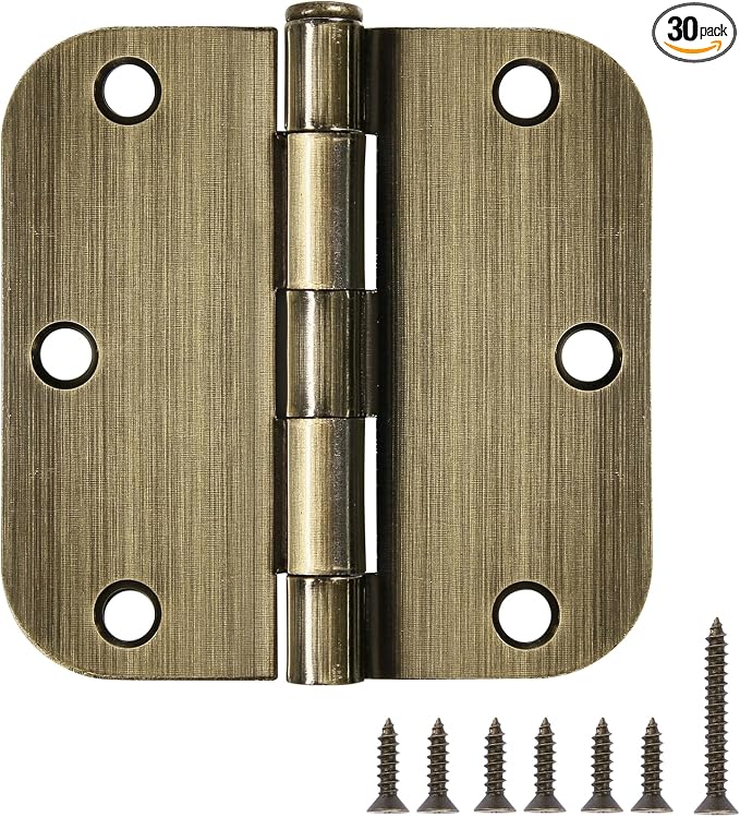 TDCHINGES Rounded Door Hinges 3.5" X 3 1/2 Inch Antique Brass 5/8" 30 Pack by TDCHINGES
