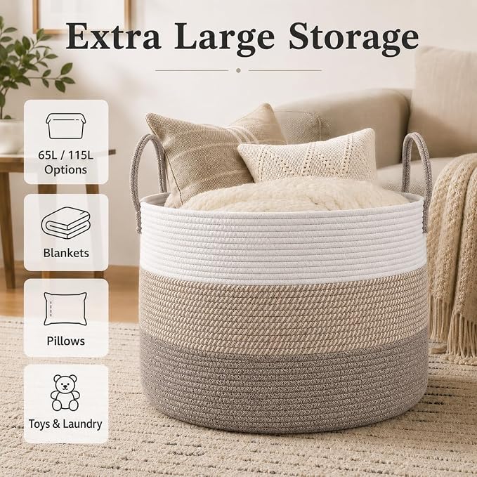 JMvicyroam 65L Extra Large Machine Washable Cotton Rope Blanket Basket | - Image 2