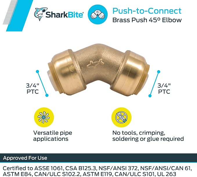 SharkBite 3/4 Inch 45 Degree Elbow, Push to Connect Brass Plumbing Fitting - Image 5