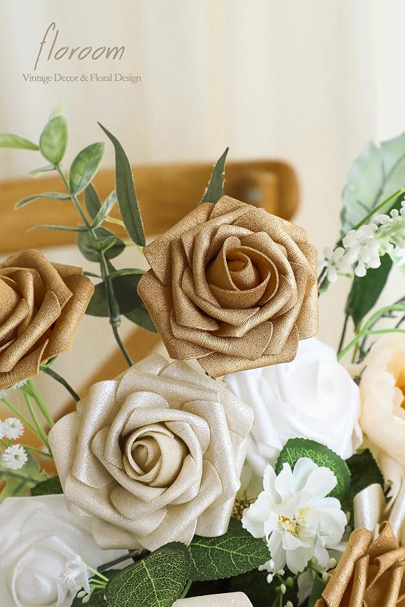 Artificial Flowers 25pcs Real Looking Gold & Champagne Gold Foam Fake Roses - Image 3