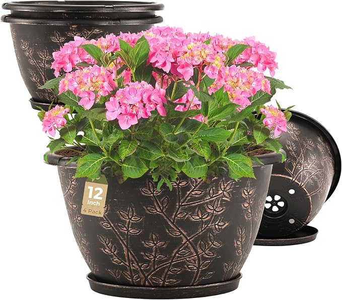 12-inch-Flower-Pots-Outdoor-Indoor, 4 Pack Plastic Planter Pots by FlowyypoPlantPot