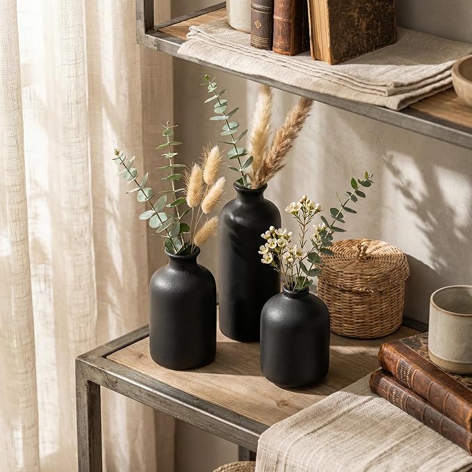 Small Black Ceramic Vase Set of 3, Modern Boho Farmhouse Flowers Vases | - Image 4