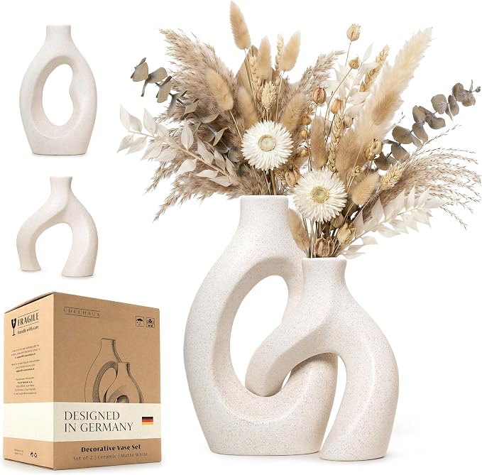 White Ceramic Vase Set of 2, Hollow Oval Flower Vases by EDELHAUS