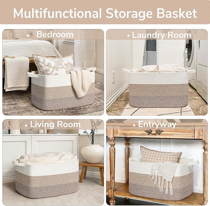 Goodpick Large Woven Rope Blanket Basket, Light Brown | 21.6'' x 14.9'' x - Image 4