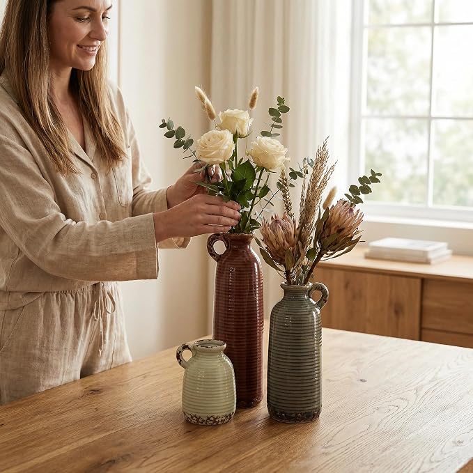 Ceramic Vase Set of 3 with Handles, Versatile as Table Centerpiece or Mantel & - Image 6