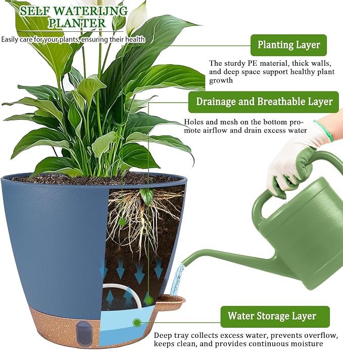 2 Pack 8 inch Plant Pots, Plastic Self Watering Planters | Drainage Holes - Image 3