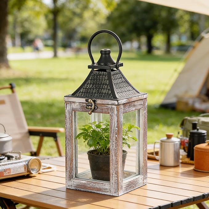 12" High Farmhouse Decorative Lantern, Glass and Metal, Distressed White Wood - Image 5