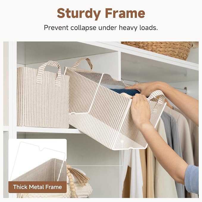 StorageWorks Fabric Storage Bins, Khaki and Beige Stripes, Sturdy Metal Frame - Image 4