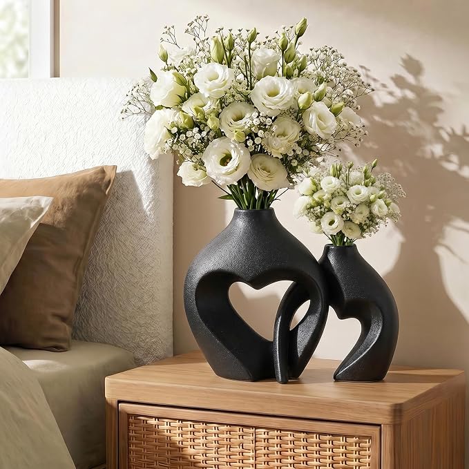 Black Ceramic Flower Vases Home Decor Heart Shaped Vase Set of 2 | Nordic Heart - Image 6