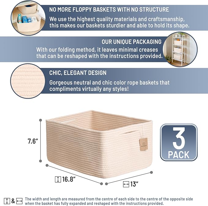 NaturalCozy Storage Baskets 16.8”x13”x7.6” Cotton Rope Woven Baskets - Image 2