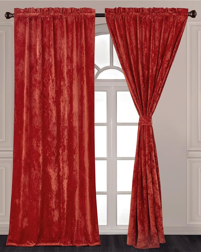 Chezmoi Collection Lux Brick Red Crushed Velvet Curtains 2 Panel Set - Image 2